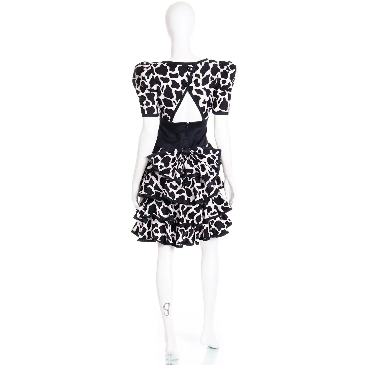 1980s Abstract Black & White Cow Print Ruffled Tiered Dress