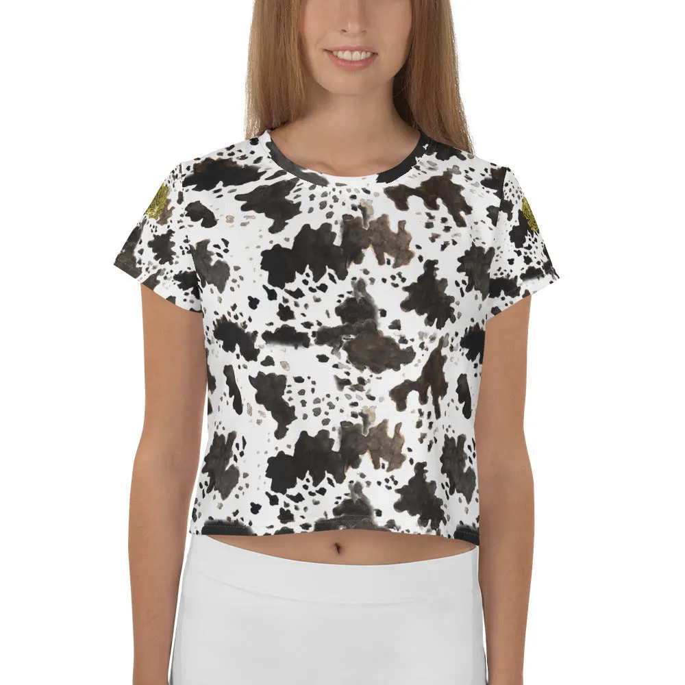 Cow Print Crop Top, Cow Print White Brown Black Animal Print Crop Tee Women's T-Shirt