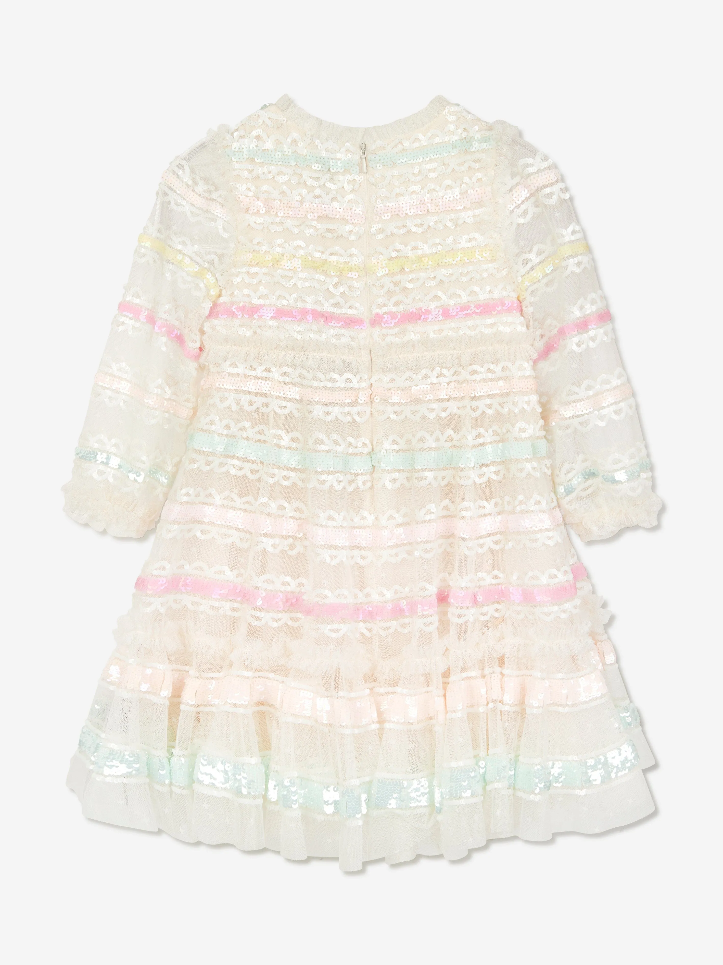 Needle & Thread Girls Long Sleeve Rainbow Dress in Cream