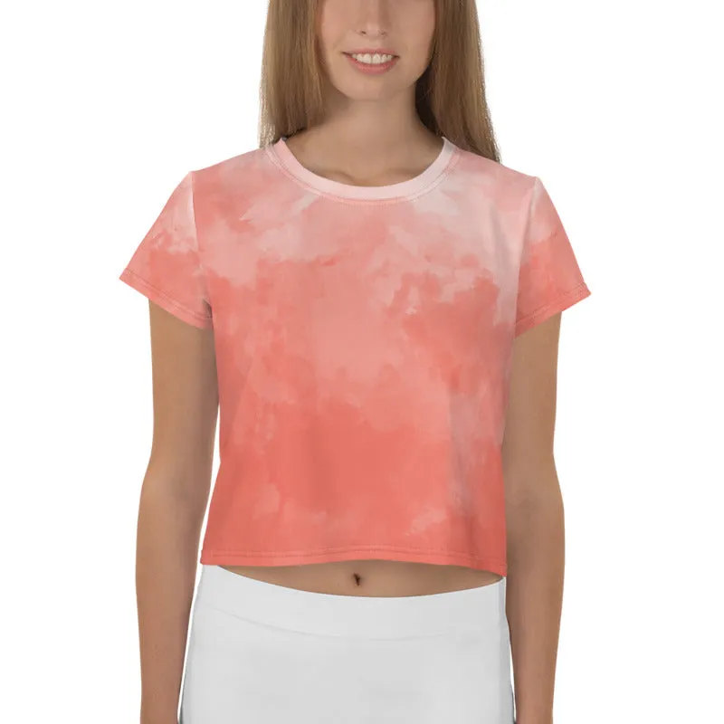 Peach Tie Dye Crop Tee, Pink Abstract Women's Cropped T-shirt-Made in USA/EU