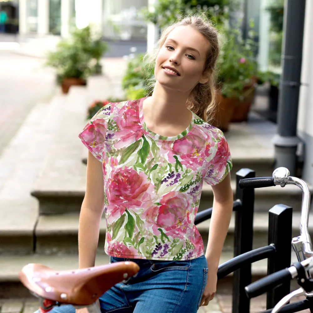 Pink Rose Crop Tee, Floral Print Cute Short Cropped Best Women's T-shirt-Made in USA/EU